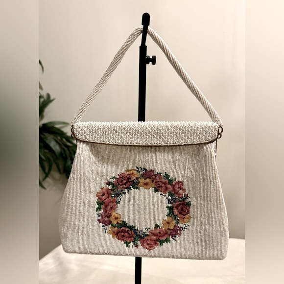 VTG! Elegant Micro Beaded Floral Embroidered Handbag - Picture 1 of 14